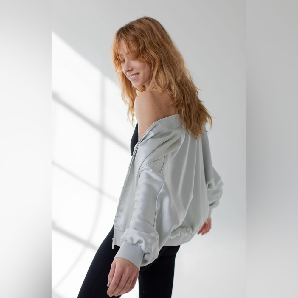 Savvi Lucy Satin Bomber Jacket in Silver - Picture 6 of 12